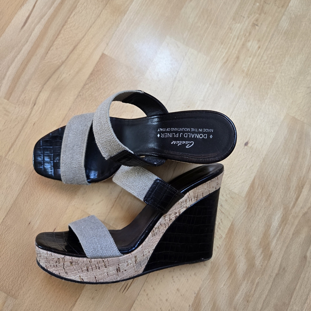 Donald J. Pliner, Dark Brown and Cream Wedge Sandals Size 8